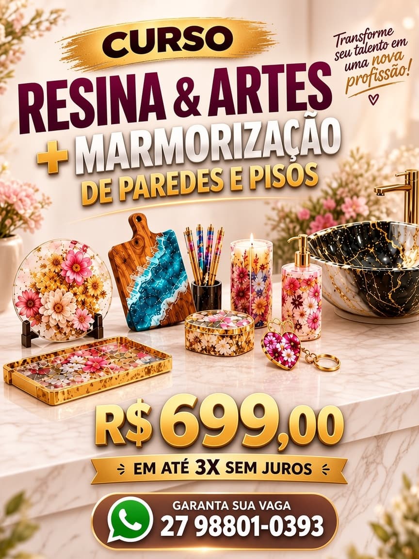 Curso de Resina e Artes com marmorização de paredes e pisos por R$ 699,00. Garanta sua vaga pelo WhatsApp 27 98801-0393.