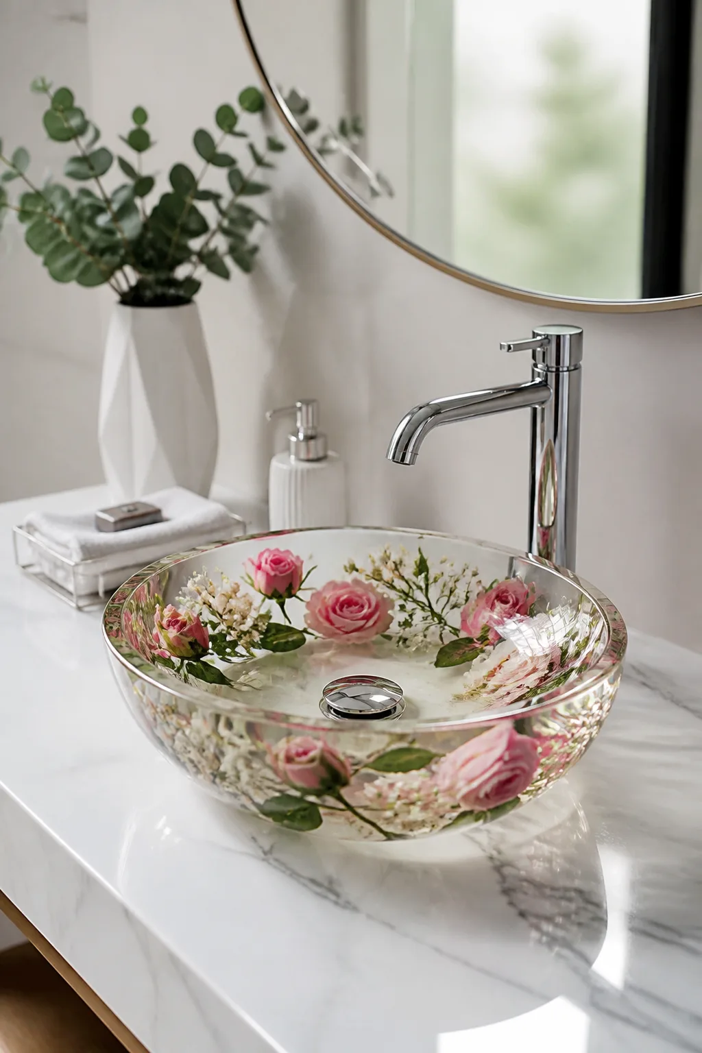 Cuba de banheiro em resina com rosas encapsuladas