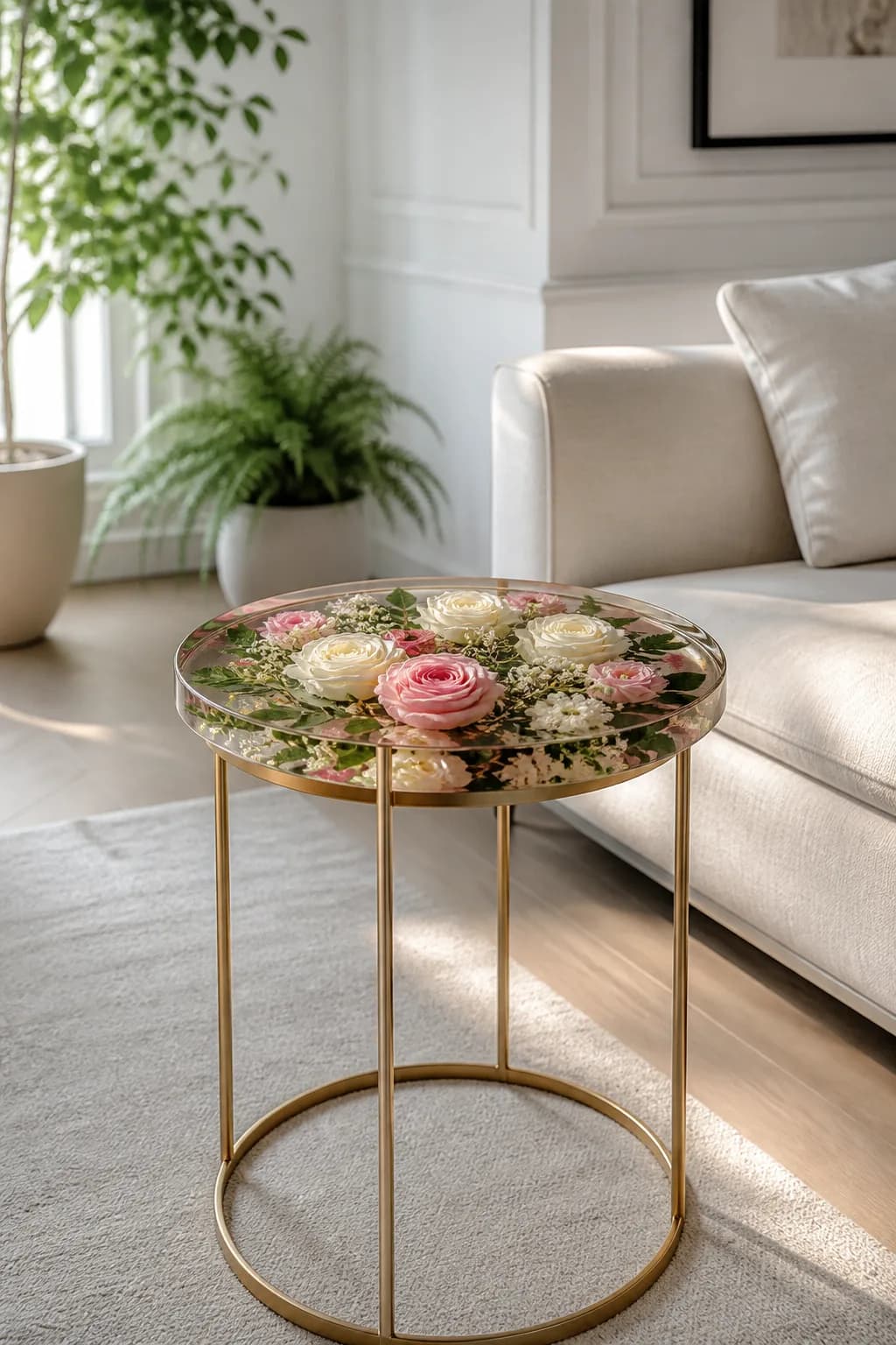 Mesa lateral com tampo de resina e flores encapsuladas