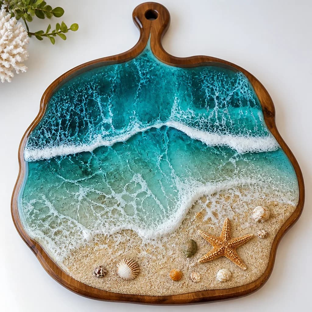 Tábua de madeira com resina imitando ondas do mar