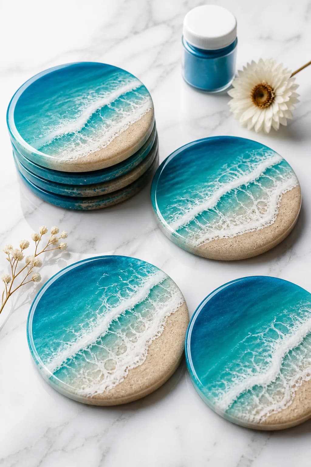 Porta-copos em resina com efeito de ondas do mar